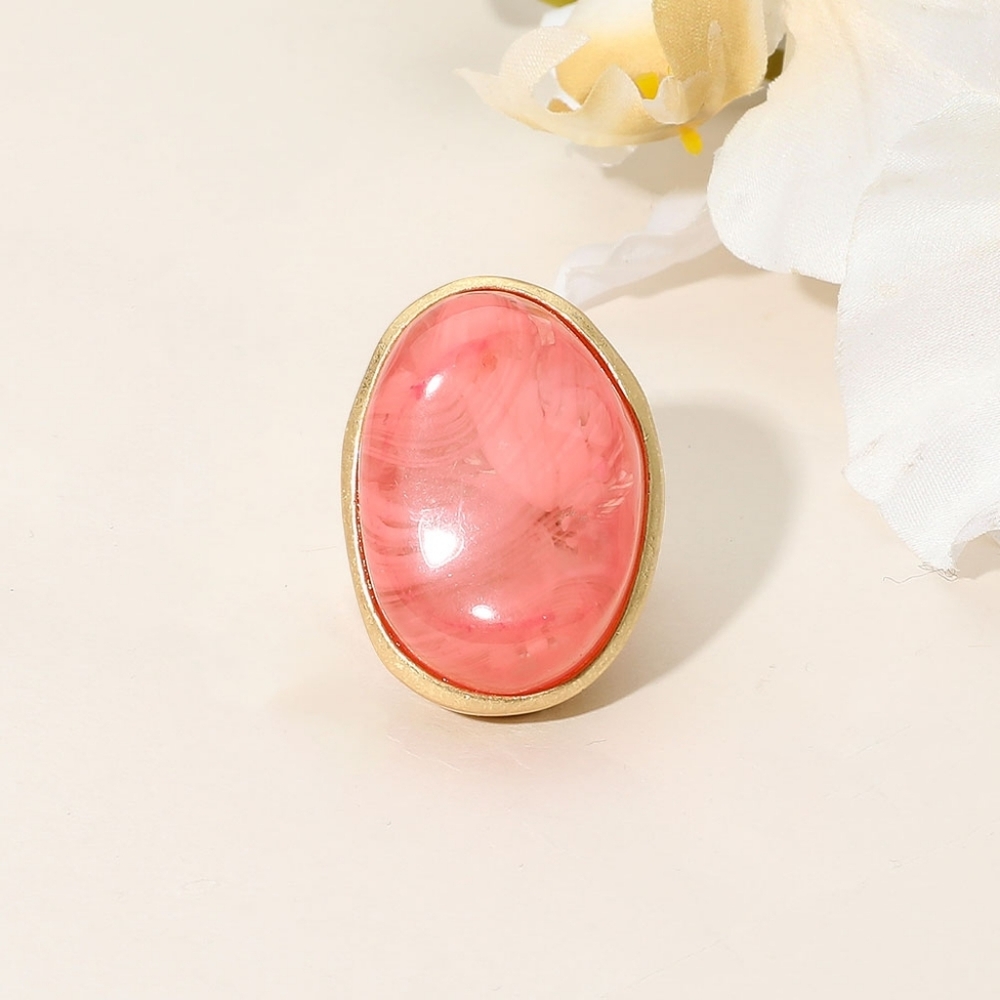 Pink Marbled Oval Stone Stretch Bold Statement Ring Boho Cocktail Jewelry